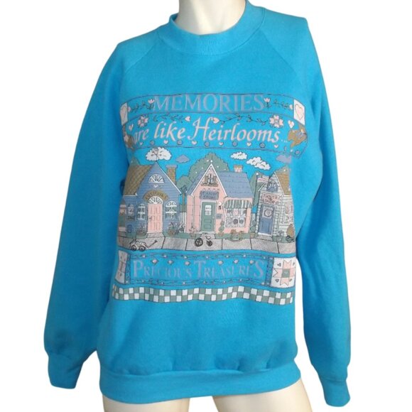 MEMORIES/PRECIOUS TREASURES Sweatshirt, L, Aqua Blue, Vintage Granny Top - Picture 8 of 10